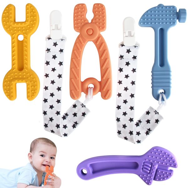 WUJUN 4 Pack Baby Teething Toys Soft Silicone Freezer BPA-Free, Hammer Wrench Spanner Pliers Saw Knife Tools Shape Soothe Babies Sore Molar for 3-12 Months Babies Gums Toys Set(Hammer Set)