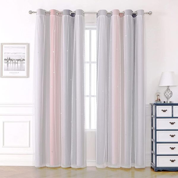 Blackout Curtains for Living Room Girls Nursery Kids Bedroom Curtains Eyelet,Soundproof Thermal Curtains for Winter,Voile Net Curtains for Windows,2 Panel 46 x 54 inch Drop Pink Grey Curtains