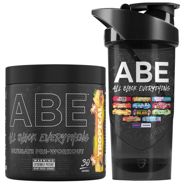 Applied Nutrition Bundle ABE Pre Workout 375g + ABE Black Shaker | All Black Everything Pre Workout Powder, Energy Drink, Physical Performance, Creatine, Beta Alanine, Caffeine (Tropical)