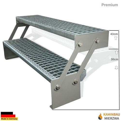 Kaminbau Mierzwa Premium Steel Staircase Adjustable Galvanised & Silver Powder Coated 2 Steps (Width 100 cm) (Height 30-43 cm) Weatherproof Grate Step Garden Stairs