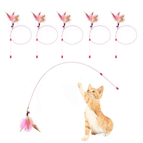 JTQXX Cat Feather Toy, Cat Toys Wand, Bundle of 5 Pack Interactive Pet Cat Kitten Chaser Teaser Wire Wand with Bell Beads for Cat Exercise Play Fun Gifts - Wholesale