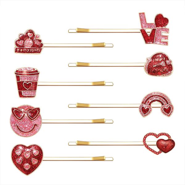 Valentine's Day Hair Pins Red Love Heart Hair Clips Rhinestone Enamel Heart Shaped Bobby Pins Set for Women Girls Styling Hair Accessory Party Gifts (Various Bobby Pins Set 8PCS)