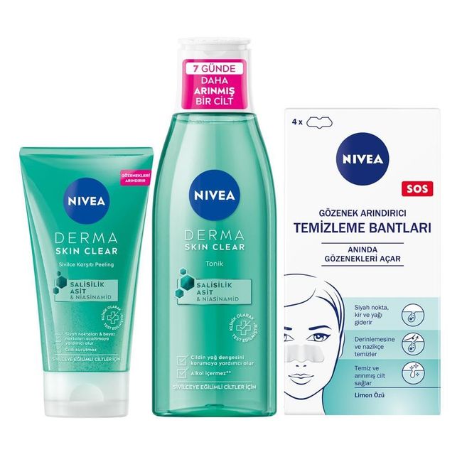 Derma Skin Clear Sivilce Karşıtı Peeling 150ml,Tonik 200ml, T-Bölgesi & Siyah Nokta Temizleyici Bant