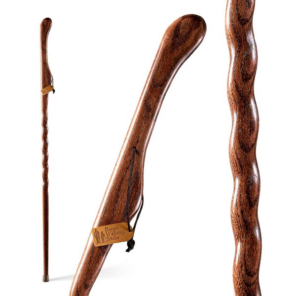 Brazos Handcrafted Wood Walking Stick, Twisted Oak, Hitchhiker Style Handle, for Men & Women, Made in the USA, Red, 58"