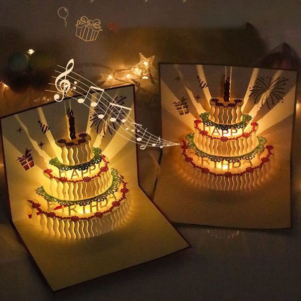 Birthday Card, 3D Pop Up Cake Card, Upgraded Version，Singing and Glowing, Handmade Flower Happy Cake Pattern Card with Envelopes Box Set, Adults, Kids, Women, Men, Wife, Mum