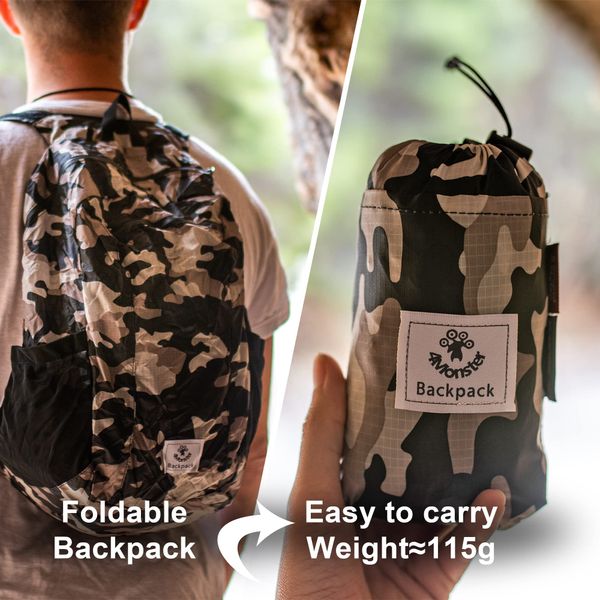 4Monster Packable Backpack Ultra Lightweight, Foldable Backpack Water Resistant, Hiking Daypack for Travel Camping Outdoor, Daily Walk-around, Cycling, Sports, Excursions(Camouflage Brown, 16L)