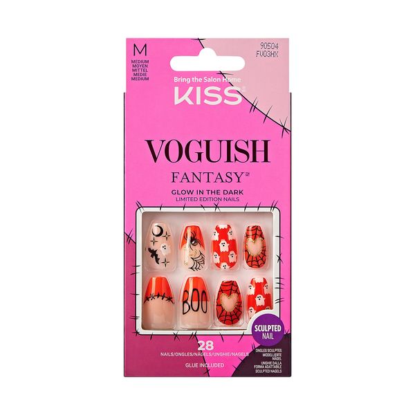 KISS Voguish Fantasy Halloween Nails, Orange, Medium Length, Coffin Shape, Pink Gel Nail Glue (2g), Mini Nail File, Manicure Stick, & 28 Fake Nails