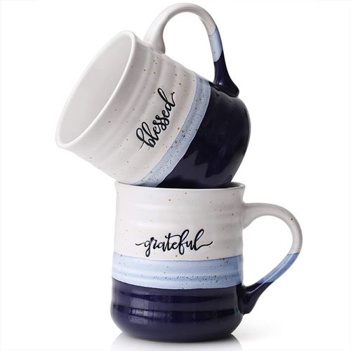 DOWAN 20 oz Coffee Mugs, Large Mugs with Word Blessed Grateful, Porcelain Coffee Cup, Thank You Gift for Women Men Christian, Set of 2