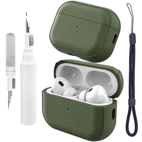 Teyomi Case Compatible with Airpods Pro 2 with Cleaning Kit, TPU Protective Case Compatible with Airpods Pro 2nd Generation with Hand Strap, Leather Touch Design for Airpods Pro 2 Cover (Light Green)