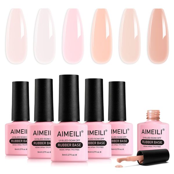 AIMEILI 5 in 1 Rubber Base Gel Set For Nails, 6pcs Sheer Pink Nude Color Gel Nail Polish UV LED Soak Off, Elastic Nail Strengthener Long Lasting 8ml - Gift Kit 46