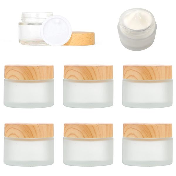 Vueinrg 6 Pack 30ml Empty Glass Jars with Wood Grain Lid for Cream Container, Frosted Glass Jars, Refillable Travel Jars