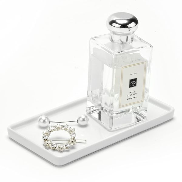 XINRUI Bathroom Tray Organiser, Small Ceramic Vanity Tray Decorative Soap Dispenser White Rectangle Tray Bath Kitchen Sink Soap Bottle Trinket Tray Holder for Tissues,Candles,Towel,Plant,Jewelry