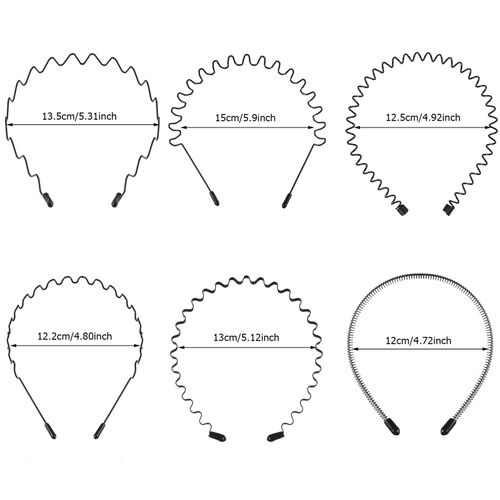 fenshine 6PCS Metal Hair Bands, Spring Wavy Hoop Unisex Black Headband Slicked Back Non Slip Sports Hairband for Women Men
