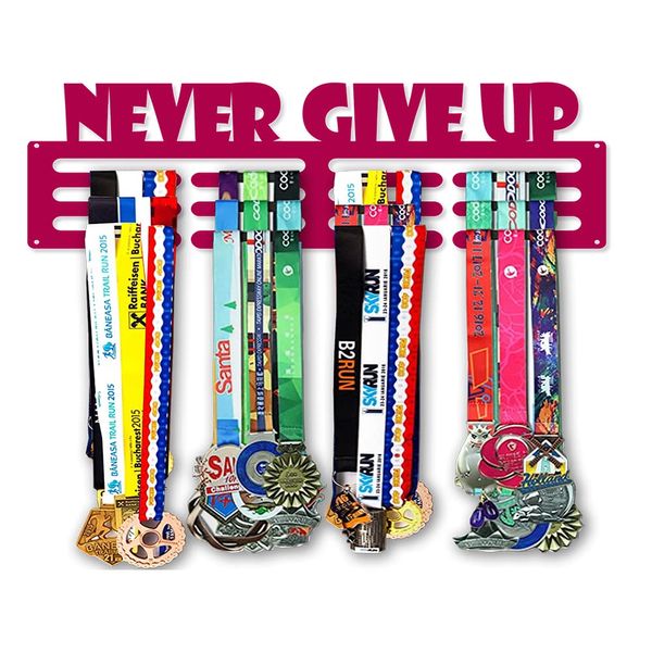 Never Give Up Medal Hanger Wall Display - Sports Medal Hanger Display - Motivational Metal Wall Medal Display for Kids, Adults - Medal Holder Display Hanger Rack Medals - Made in USA - Magenta