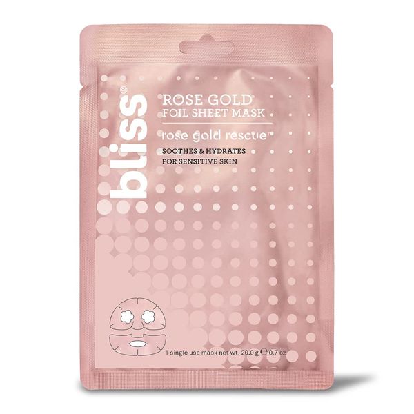 Bliss Rose Gold Foil Sheet Mask Rescue Face Mask Soothes and Hydrates All Skin Types, especially Sensitive Skin Rose Flower Extract Cruelty Free 1 piece