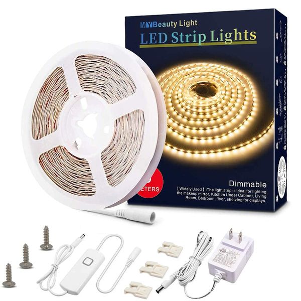 MY BEAUTY LIGHT LED Strip Lights Warm White,16.4ft Dimmable LED Light Strip with Memory Function,Bright 3000K 2835 LEDs,Strong Adhesive 12v Flexible LED Rope Lights for Kitchen Cabinet Bedroom Party