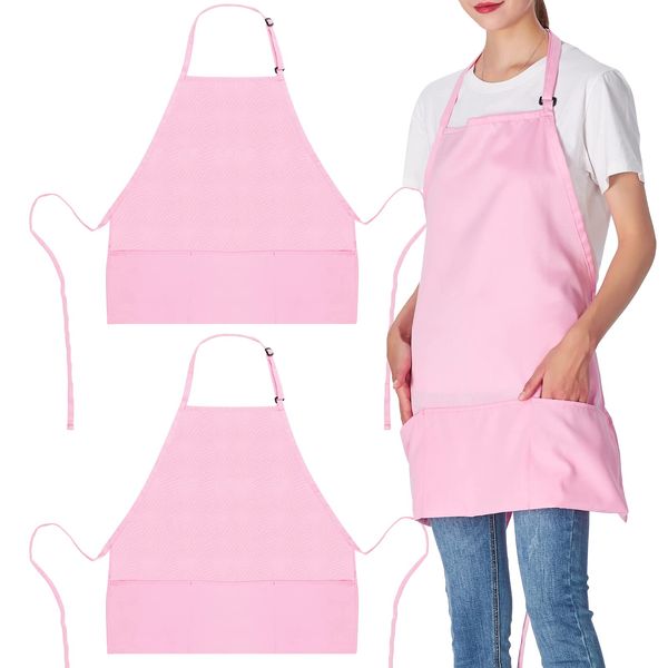 Jubatus 2 Pack 3 Pockets Adjustable Bib Apron Chef Kitchen Cooking Aprons for Women Men, Pink