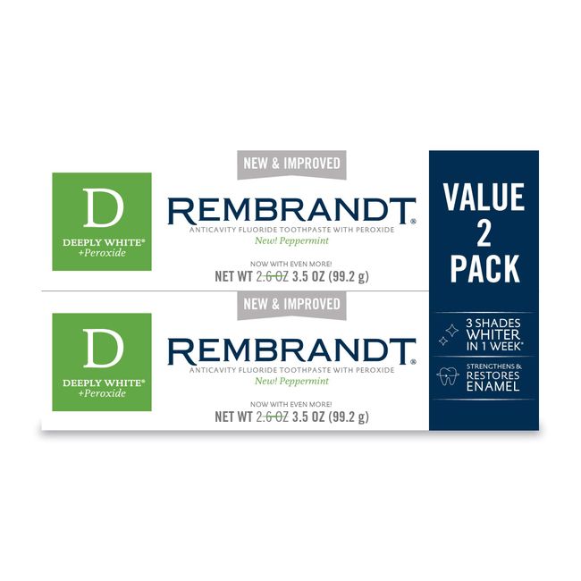 Rembrandt Deeply White + Peroxide Whitening Toothpaste, Peppermint Flavor, 3.5-Ounce (Pack of 2) (Packaging may Vary)