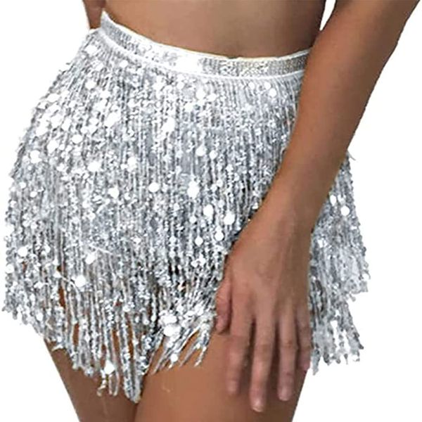 Flovel Women's Belly Dance Skirt Sparkly Sequin Skirts Fringe Hip Scarf Skirt Party Hip Wrap Skirts Rave Costume