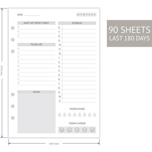 (Set of 90 Sheets) A5 To Do List Refill Paper, Undated Daily Schedule, Day Priorities, Notes and Water Tracker, 6-Hole Punches, 5.82"x8.26"