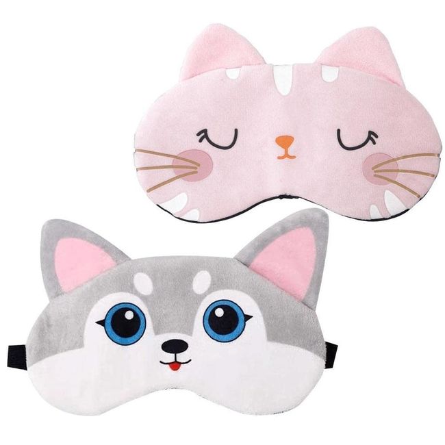 Silk Eye Mask Blackout Sleep Cute Cat Eye Mask Eye Strain Blindfold Women Kids Soft Eye Cover with Adjustable Strap Set of 2