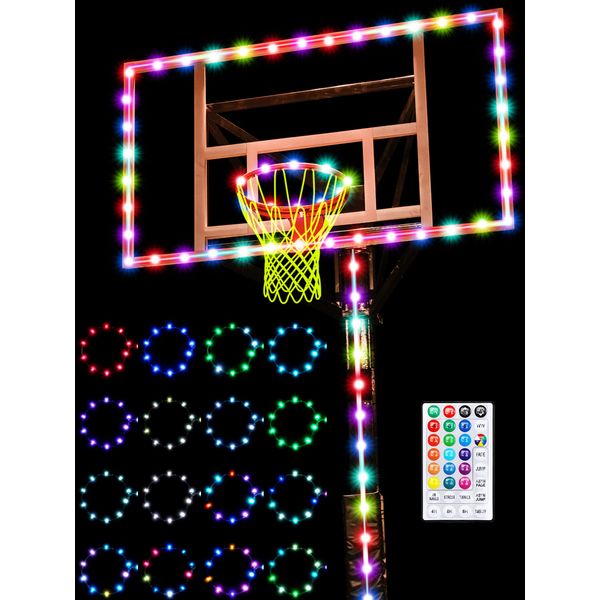 LED Basketball Hoop Light Set Glow in the Dark Basketball Net with 16 Colors Basketball Rim LED Light, Luminous Outdoor Nylon Hoop Net and Remote Control Basketball Hoop Lights for Pool Sports School