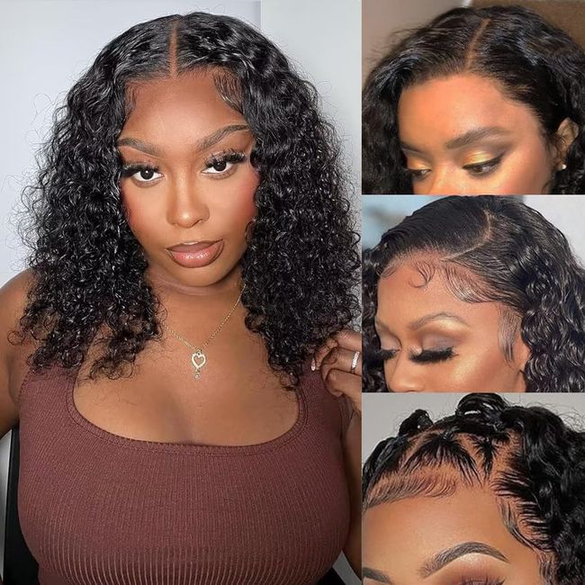 13x4 Curly Bob Wigs Human Hair 12 Inch Brazilian Virgin Curly Human Hair Lace Front Deep Wigs for Black Women 180% Density Bob Wig Pre Plucked With Baby Hair Natural Color