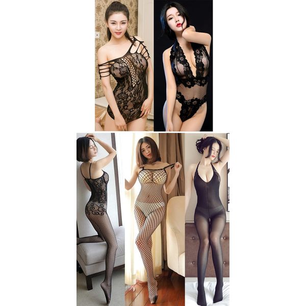 WiTwo (5 Piece Set) Cosplay, Sexy Open Crotch Net Tights, Full Body Stockings, Perforated, Sexy Lingerie, Extreme Full Body Tights, Washable, Black