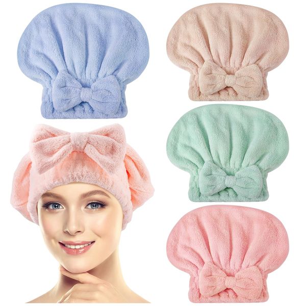 IJRPLM 4 Pack Microfiber Hair Towel Cap,Super Absorbent Hair Towel Wrap Drying Hair Cap,Soft Microfiber Hair Drying Towel Cap with Bow-Knot,Anti Frizz Hair Turban Wrap for Curly Long Wet Hair