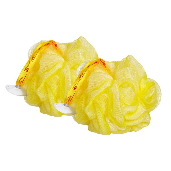 Bodylife Body Buffer, Puff, Exfoliating Bath & Shower Body Pouf, Scrunchie, Body Scrubber Yellow & White 55g Twin Pack