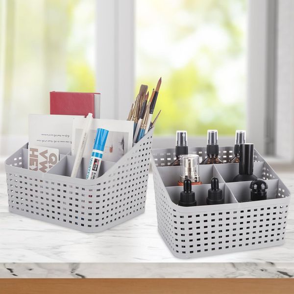 GBACHOOSE 2 Pcs Basket Organiser, 5 Grid Cosmetic Box Storage, Grey Plastic Storage Box Desktop Multi-function Storage for Beauty Essentials, Bedroom Organiser and Dressing Table Storage