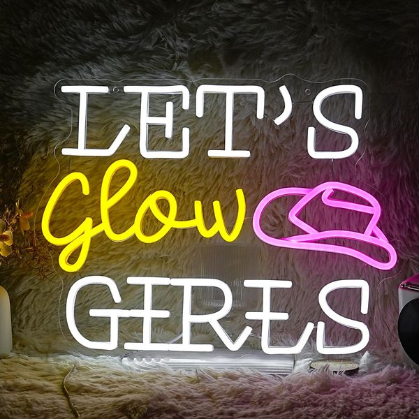 Let’s Glow Girls Neon Sign for Wall Decor 16.5‘’*12.2‘’ Light Up Sign Powered by USB Dimmable Led Cowboy Hat Neon Light for Girls Room Bedroom Party Wedding Gifts (White Yellow Pink)