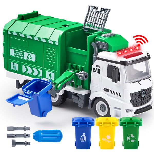 JOYIN Recycling Garbage Truck Toy, Kids DIY Assembly Trash Truck, Friction Powered Side-Dump Toy Garbage Truck with Light and Sounds, 3 Trash Cans, 3 Replaceable Screwdrivers, Boys & Girls Gifts