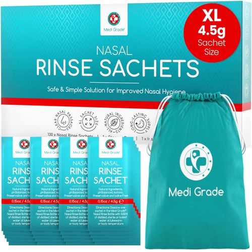 Medi Grade Saline Nasal Rinse Salt Sachets for Nasal Irrigation, 130 Sachets x 4.5g - Natural, Isotonic and pH Balanced Nose Cleaner Nasal Wash Sachets for Clear Nasal Passages and Improved Breathing