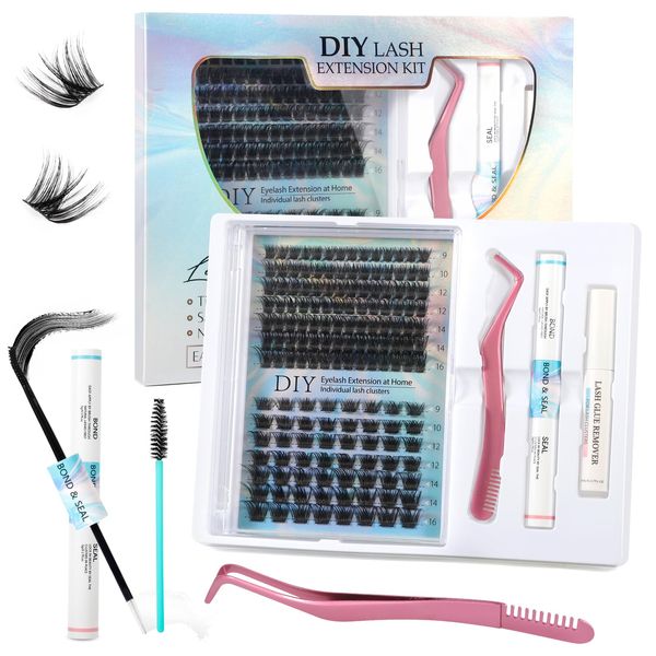 JAMATA Kit di Estensione Ciglia 154pcs Ciglia Finte Cluster, di lunghezza, morbide, Kit Extension Ciglia con Bond And Seal Lashes Glue, Pinzette, Estensioni Ciglia Individuali Naturale (E-Curl)