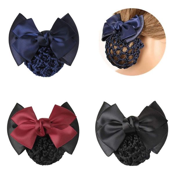 TXIN 3 Pieces Hair Snood Net Bun Cover Knit Hairnet Bow Bowknot Decor Barrette Hair Clip for Women Mesh Work Hairnets, Black & Navy Blue & Red