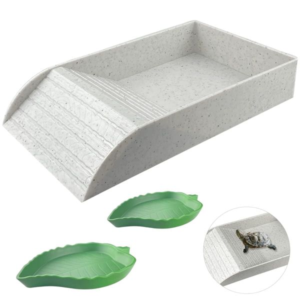 3 PCS Tortoise Food Dish with Ramp and Tortoise Water Bowl,Gray Reptile Water Bowl,Reptile Water Dish Amphibians Habitat,Reptile Water Bowl for Turtles,Horned Frogs and Lizards