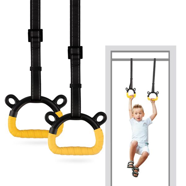 EXQ Home Kids Gymnastic Rings Pull up Rings for Chlidren Exercise,Indoor Gym Ring,Kids Gymnastics Rings with Adjustable Straps,Load Bearing 220lb,Yellow Hands Tape (NO Bar)