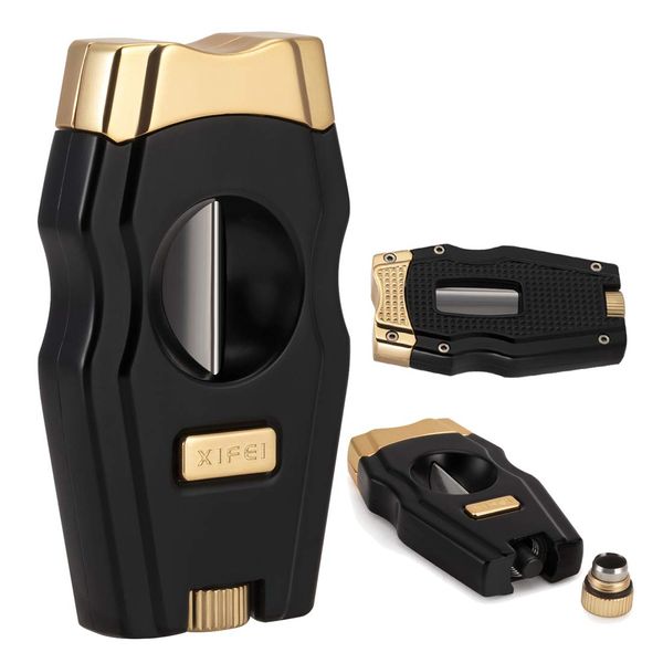 XIFEI Cigar Cutter, Stainless Steel V-Cut Cigar Cutter Built-in Cigar Puncher (Black Gold-1)