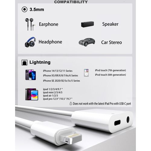 2 Pack Lightning to 3.5mm Headphone Jack Adapter, [Apple MFi Certified] 2 in 1 Headphone Adapter Aux Audio and Charger Adapter Dongle Cable Splitter Compatible with iPhone 14 13 12 11 XS XR 8 7