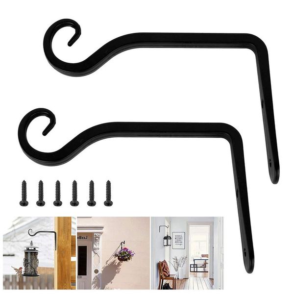 Kindness Iron Bracket Hook Garden Iron Bracket Hanger Plant Basket Hanger Potted Hanger Garden Planter Hanging Durable Easy Installation Free Safe Wall Hanging Basket Bracket Hook with Screws Set of 2 (Black)