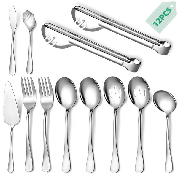 Keyoxy Stainless Steel Serving Utensil, 12 Pcs Catering Serving Utensils Set with Large Serving Spoon,Slotted Spoons,Forks,Soup Ladle,Serving Tongs,Pie Server,Butter Knife for Parties,Kitchen,Buffet