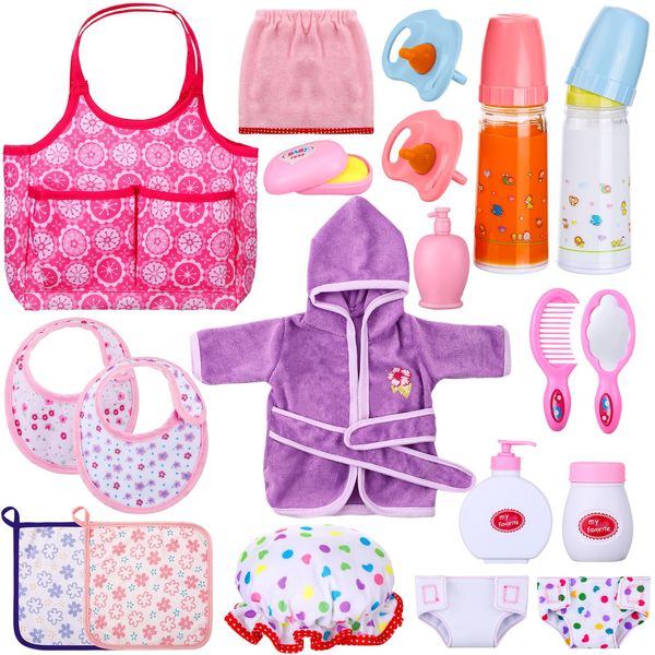 Rotatingpals 21 Pcs Baby Doll Accessories Baby Doll Diaper Bag Set with Accessories Include Diaper Disappearing Milk Bottles Pacifier Bib Baby Doll Feeding and Caring Set for Boys Girls Birthday Gifts