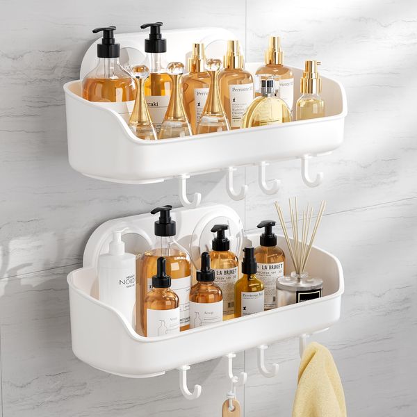 Luxear Shower Caddy Suction No Drilling Removable Waterproof Suction Shower Shelf with 4 Hooks Shower Basket Storage Organize for Shampoo and Conditioner Bottles Kitchen Bathroom - White 2Pack