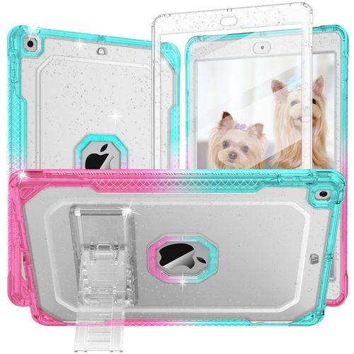 ZoneFoker Case for iPad Air 2 Case, for iPad 6th/5th Generation 2018/2017, for Apple iPad 9.7 inch with Screen Protector/Stand,Clear Glitter Full-Body Coverage Slim Cover for Girls Women (Pink+Teal)
