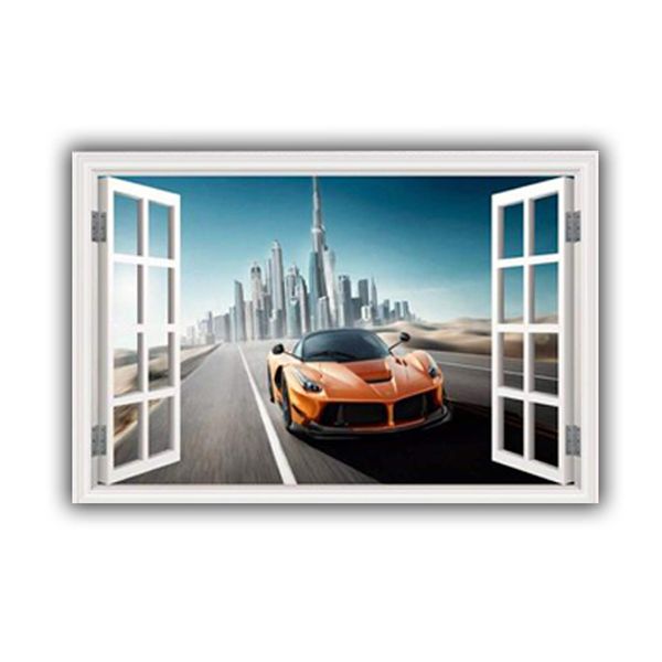 MySticky Sport Cars 3D Fake Window Wall Sticker, Removable Vinyl Decal Frame, Peel and Stick, Art Mural for Bedroom, Living Room and Kids Playroom (MYSW34-Large)