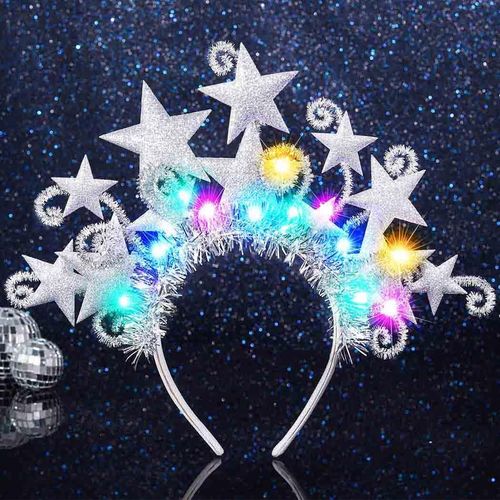 Yean Silver Star Light Up Headband Glitter Christmas Headpiece Tinsel Xmas Holiday Costume Accessories for Women (Silver, One size)