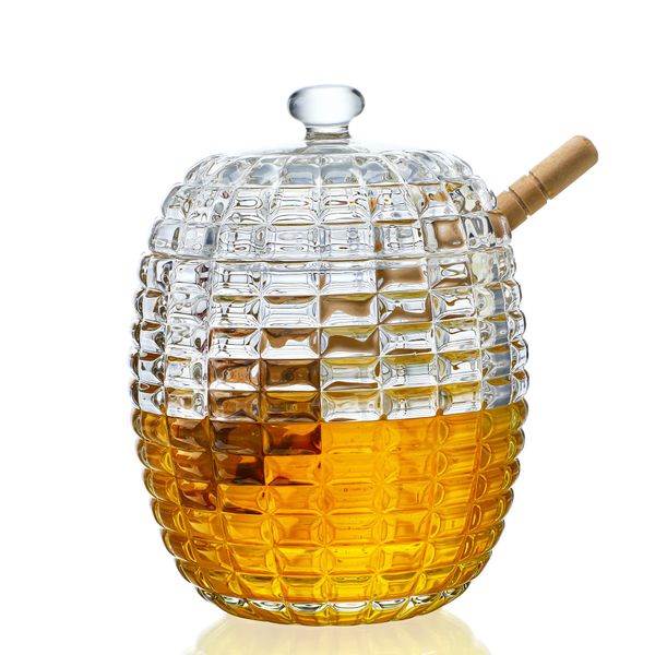 KANPURA Crystal Honey Jar with 2 Dippers, Glass Dispenser Honey Pot Containers,Honey Dipper Stick and Jar Set,Handmade Beehive Honey Jar with Dipper(9oz)