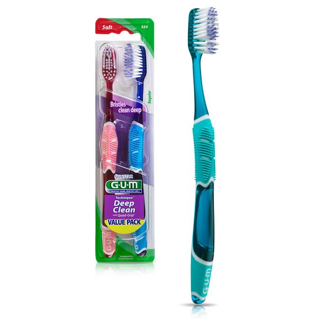GUM - 10070942125892 Technique Deep Clean Toothbrush with Quad-Grip Handle, Full Head & Soft Bristles, Twin Pack, (Pack of 6)