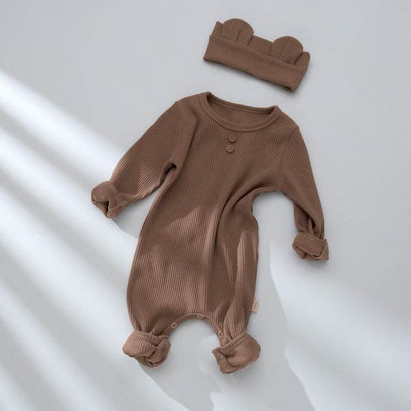 Baby Solid Color Pit Strip Graphic Long Sleeves Soft Cotton Romper Jumpsuit With Headband - 66 (3-6M) / Brown